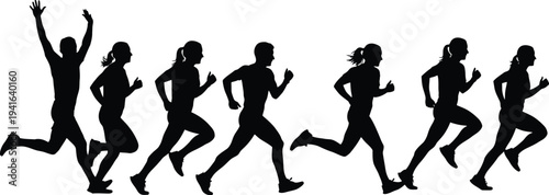 Collection of seven running man silhouettes, black vector icons of male athletes in dynamic jogging and sprinting motion isolated on white.