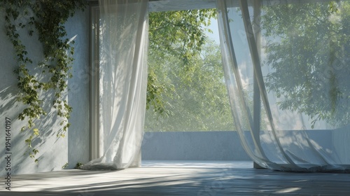 Sunlit indoor terrace with sheer curtains and climbing vines for interior design background wellness and relaxation poster template