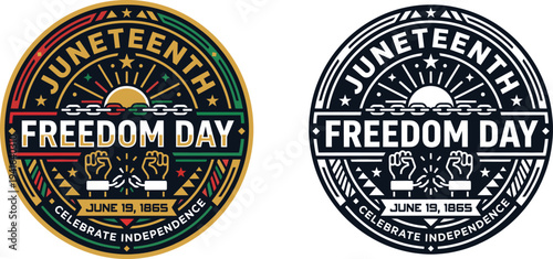 Juneteenth emblems Colorful and monochrome designs celebrating freedom and independence