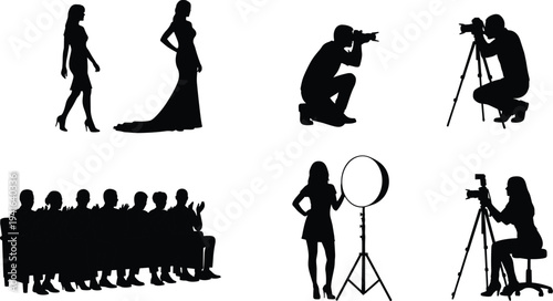 Photography Studio Silhouette Set with Photographer, Model, Lighting Equipment and Audience, Professional Photoshoot Vector Illustration Collection