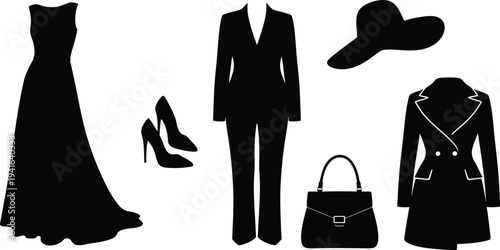 Collection of seven various aircraft silhouettes, black vector icons of passenger jets, fighter planes, a helicopter, and a vintage biplane isolated on white.