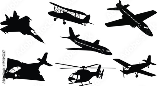 Collection of seven women's fashion and apparel silhouettes, black vector icons of evening dress, business suit, and accessories isolated on white.