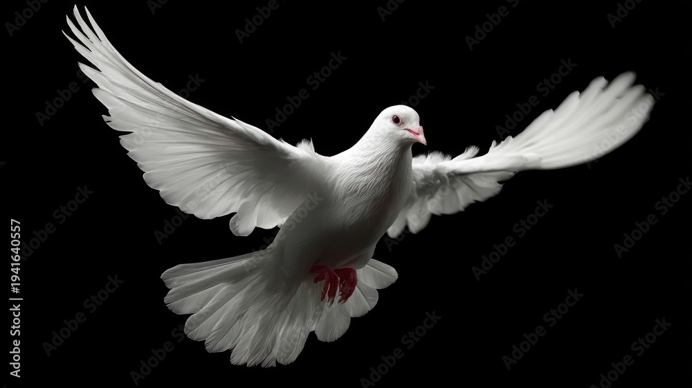 Fototapeta premium White dove with wings spread against black