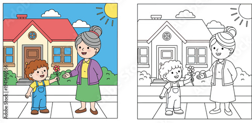 Cute cartoon boy giving a red flower to his grandmother outside a house, vector illustration of happy grandson and grandma standing on sidewalk, family love concept.