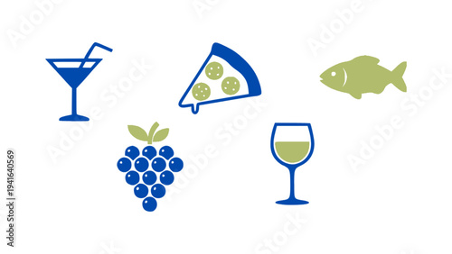 Flat food and beverage icons including cocktail, pizza slice, fish, grapes, and wine glass.