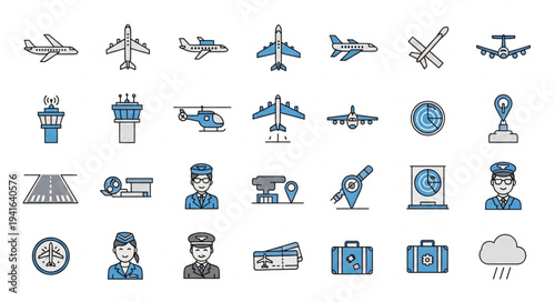 Airport and Aviation Icon Set - A Collection of Travel and Transportation Symbols.