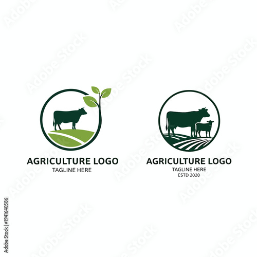 Vector Agricultural Logo Designs with Livestock, Green Fields, and Plants for Farm Business