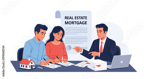 Modern flat vector illustration of young couple signing mortgage documents with financial advisor in office. Real estate loan approval, home buying process and property financing concept