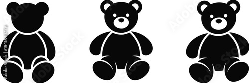 Black Silhouette Set Of Three Cute Teddy Bear Icons Featuring Sitting Stuffed Animals With Round Ears And Friendly Facial Features For Toy
