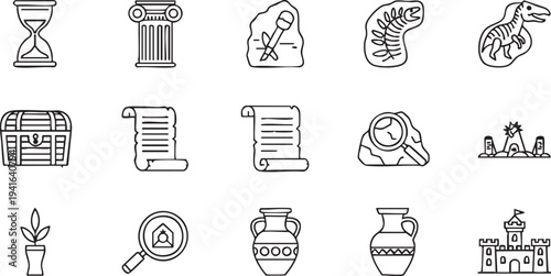 Ancient artifacts and historical symbols in black and white line black and white
