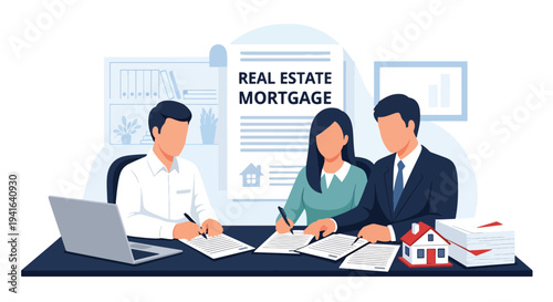 Modern flat vector illustration of young couple signing mortgage documents with financial advisor in office. Real estate loan approval, home buying process and property financing concept
