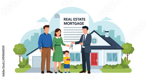Flat vector illustration of happy family receiving house keys from real estate agent in front of new home. Mortgage approval, home ownership and successful property purchase concept