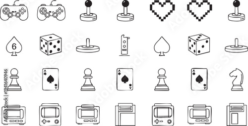 Black and white of gaming controllers, board game pieces, and vintage electronics