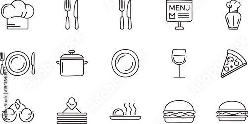 Black and white of food and dining including chef hat, utensils, menu, dishes, and various foods