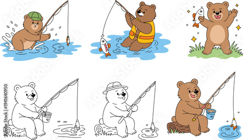 Cute Cartoon Bear Character Fishing Set Featuring Brown And White Bears With Rods Catching Fish Wearing Life Vest And Hat For Children