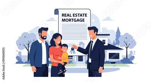 Flat vector illustration of happy family receiving house keys from real estate agent in front of new home. Mortgage approval, home ownership and successful property purchase concept