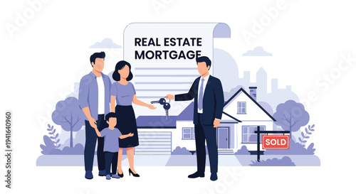 Flat vector illustration of happy family receiving house keys from real estate agent in front of new home. Mortgage approval, home ownership and successful property purchase concept