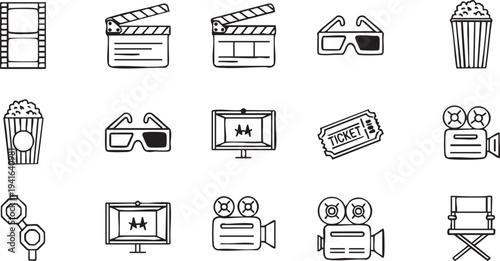 Black and white of movie-related and symbols clapperboard popcorn glasses