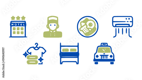 Hospitality icons including chef, air conditioner, hotel bed, room service, and reception.