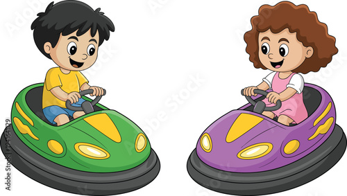 Cute Cartoon Boy And Girl Having Fun Driving Colorful Green And Purple Bumper Cars At An Amusement Park Carnival For Children Illustration