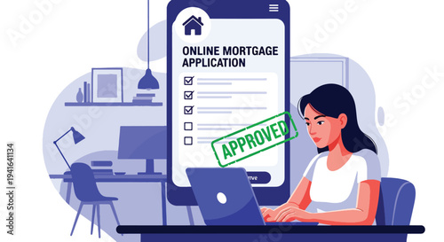 Modern flat vector illustration of woman applying for mortgage online using laptop interface with house icon and approval checklist. Digital banking and home loan application concept