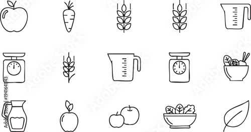 Line of fruits vegetables kitchen tools and measuring containers apple carrot wheat