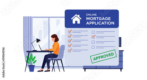 Modern flat vector illustration of woman applying for mortgage online using laptop interface with house icon and approval checklist. Digital banking and home loan application concept