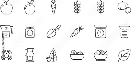Line of fruits vegetables kitchen tools and plants on white background line fruits