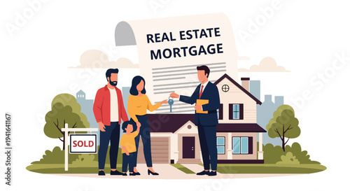 Flat vector illustration of happy family receiving house keys from real estate agent in front of new home. Mortgage approval, home ownership and successful property purchase concept