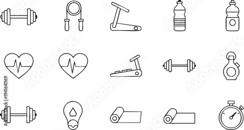 Set of black and white fitness equipment and health dumbbells water bottle heart