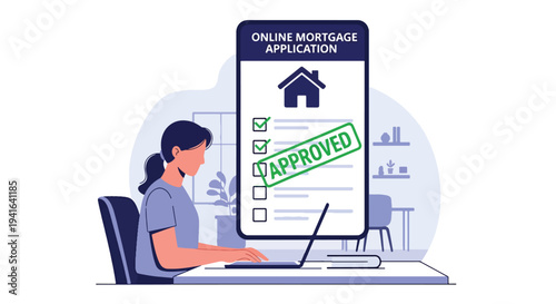 Modern flat vector illustration of woman applying for mortgage online using laptop interface with house icon and approval checklist. Digital banking and home loan application concept