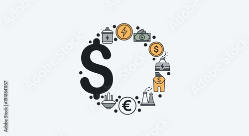 Dollar sign surrounded by economic financial and energy icons.