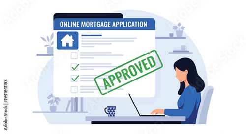 Modern flat vector illustration of woman applying for mortgage online using laptop interface with house icon and approval checklist. Digital banking and home loan application concept