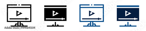 Iconos de reproducción de video. Monitor con símbolo de reproducción, contenido multimedia, plataforma digital, visualización online, entretenimiento audiovisual. Ilustración vectorial