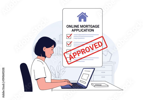 Modern flat vector illustration of woman applying for mortgage online using laptop interface with house icon and approval checklist. Digital banking and home loan application concept