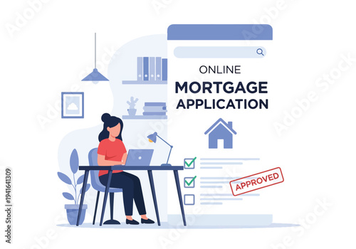 Modern flat vector illustration of woman applying for mortgage online using laptop interface with house icon and approval checklist. Digital banking and home loan application concept