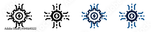 Iconos de energía tecnológica. Engranaje con rayo y conexiones digitales, sistema energético, tecnología industrial, potencia digital, red tecnológica. Ilustración vectorial