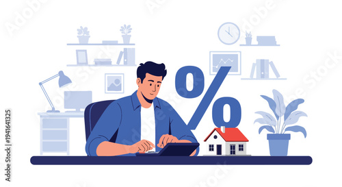 Flat vector illustration of man calculating mortgage payments using calculator with percentage and house symbol. Financial planning and home loan affordability concept