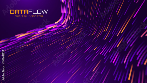 Abstract Tech Flow with Data Paths and AI-Powered Signals. Purple Light Trails in a Digital Network. High-Speed Wireless and Fiber Connections Tech Presentation Background Vector.