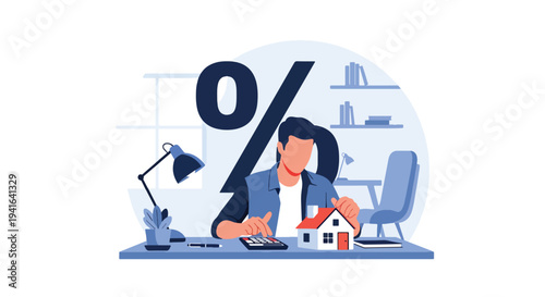 Flat vector illustration of man calculating mortgage payments using calculator with percentage and house symbol. Financial planning and home loan affordability concept