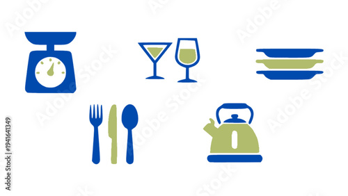 Simple kitchen icons featuring food scale, plates, fork and spoon, kettle, and glass.