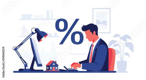 Flat vector illustration of man calculating mortgage payments using calculator with percentage and house symbol. Financial planning and home loan affordability concept