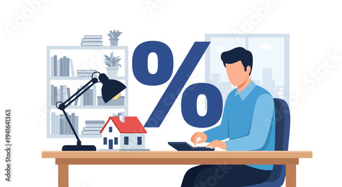 Flat vector illustration of man calculating mortgage payments using calculator with percentage and house symbol. Financial planning and home loan affordability concept