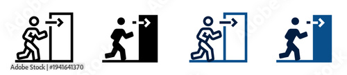 Iconos de salida de emergencia. Persona corriendo hacia puerta, evacuación rápida, señal de seguridad, ruta de escape, prevención de riesgos. Ilustración vectorial