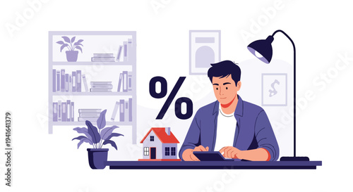 Flat vector illustration of man calculating mortgage payments using calculator with percentage and house symbol. Financial planning and home loan affordability concept