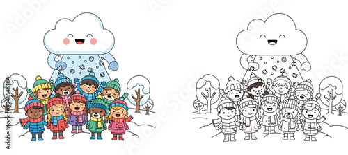 Cute cartoon diverse children standing under a smiling snow cloud, vector illustration of happy kids wearing winter clothes in snowy forest, funny weather character concept.