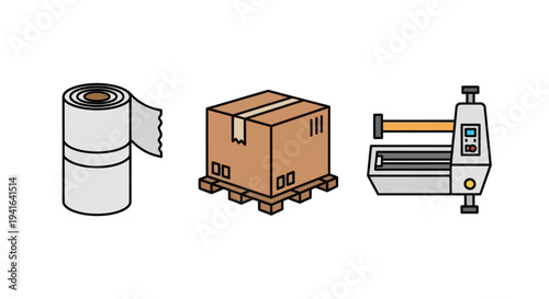 Packaging and logistics equipment icon set: bubble wrap cardboard box on pallet and tape machine.