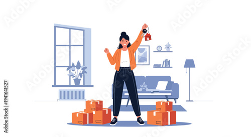 Flat vector illustration of woman celebrating first home purchase with house keys and moving boxes. Mortgage success and new homeowner lifestyle concept