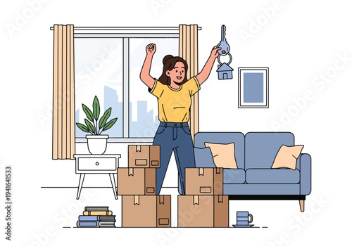 Flat vector illustration of woman celebrating first home purchase with house keys and moving boxes. Mortgage success and new homeowner lifestyle concept