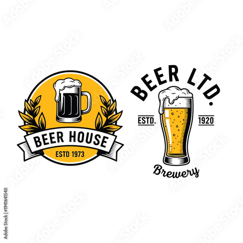 Vintage beverage house and brewery logo designs with frothy beer mugs and establishment dates